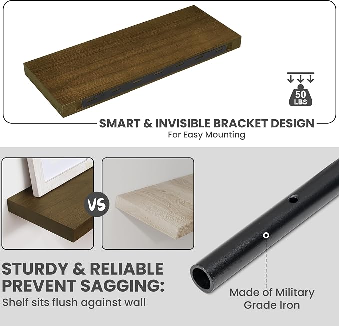 Solid Wood Floating Shelves For Wall, 24”W x 9”D x 1.56”H Large Wall Shelves for Living Room Bedroom Bathroom Kitchen Drcor Storage with Invisible Heavy-Duty Metal Bracket, Light Brown, Set of 2