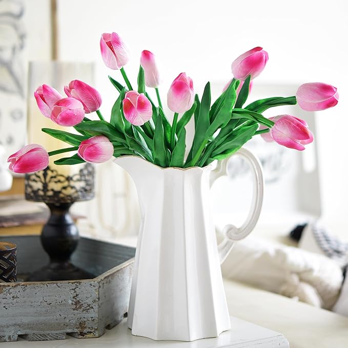 FiveSeasonStuff Real Touch Tulips Artificial Flowers – 15 Stems Faux Tulip Bouquet in Gift Box for Wedding, Home Decor, Party, Floral Arrangements (Creamy Pink)