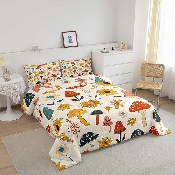 Castle Fairy Retro Mushroom Flowers Bedding Set King Size,70s 60s Groovy Comforter Set Room Decor for Couple,Vintage Boho Plant Floral Microfiber Down Comforter,2 Pillowcases