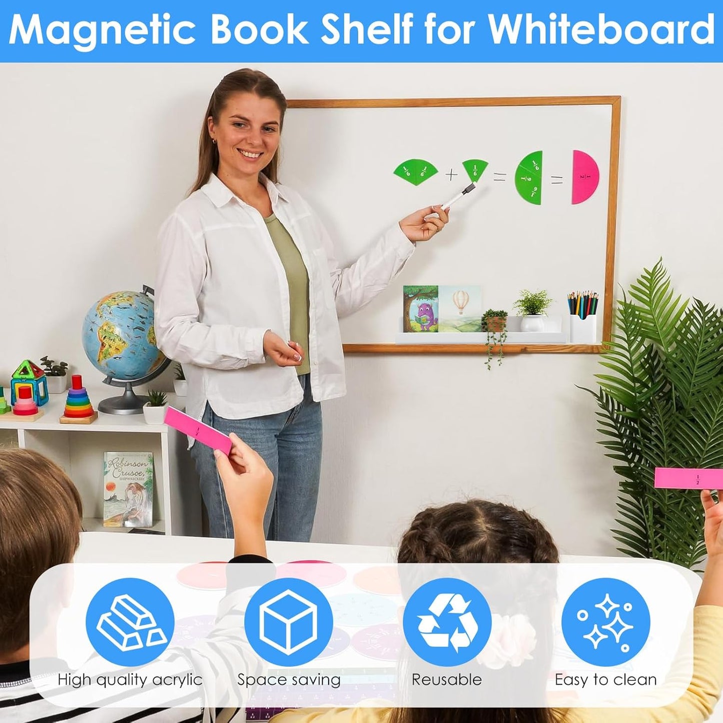 Skiennix Magnetic Book Shelf - Heavy-Duty Acrylic Holder with 8 lbs Capacity | Versatile Whiteboard Organizer (White)