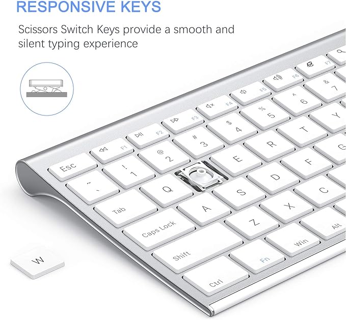 Wireless Keyboard and Mouse, Vssoplor 2.4GHz Rechargeable Compact Quiet Full-Size Keyboard and Mouse Combo with Nano USB Receiver for Windows, Laptop, PC, Notebook-White Silver