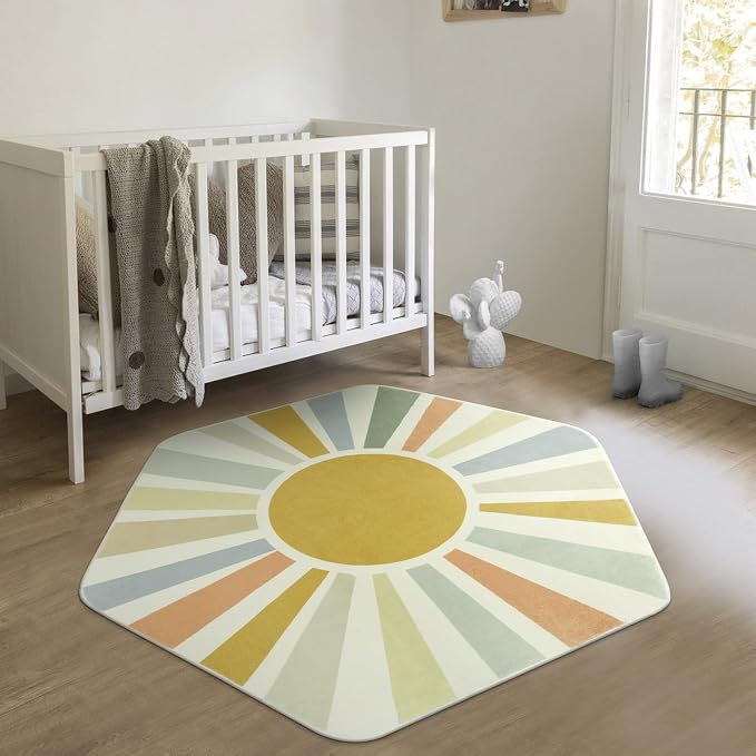 STARUIA Boho Washable Rug for Kids Play Room, 4'x 4'7" Hexagon Tent Colorful Sun Nursery Corner Rugs for Girls Boys, Ultra Soft Non-Slip Sunshine Carpet Play Rug for Princess Room Decor Classroom