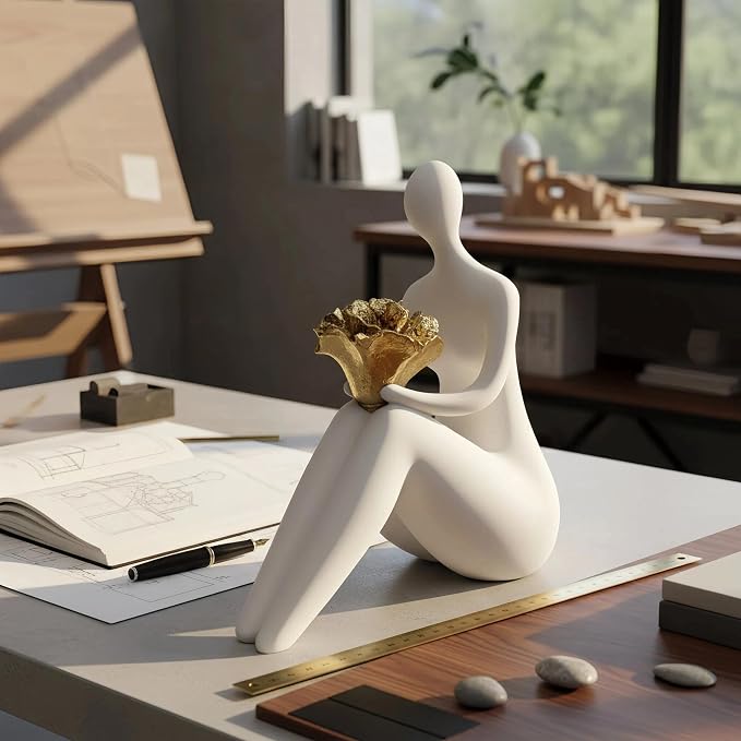 Lescafita White Abstract Figure Statue with Flowers, Modern Resin Sculpture for Home Decor, Minimalist Figurine Art for Living Room, Office Desk, Gift for Art Lovers
