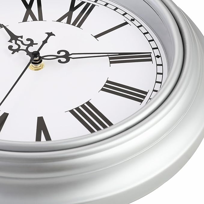 Plumeet Small Retro Wall Clock, 10'' Non Ticking Classic Silent Vintage Wall Clocks Decorative Kitchen Living Room Bedroom, Roman Numerals, Battery Operated, Silver, EM-8050-SL10