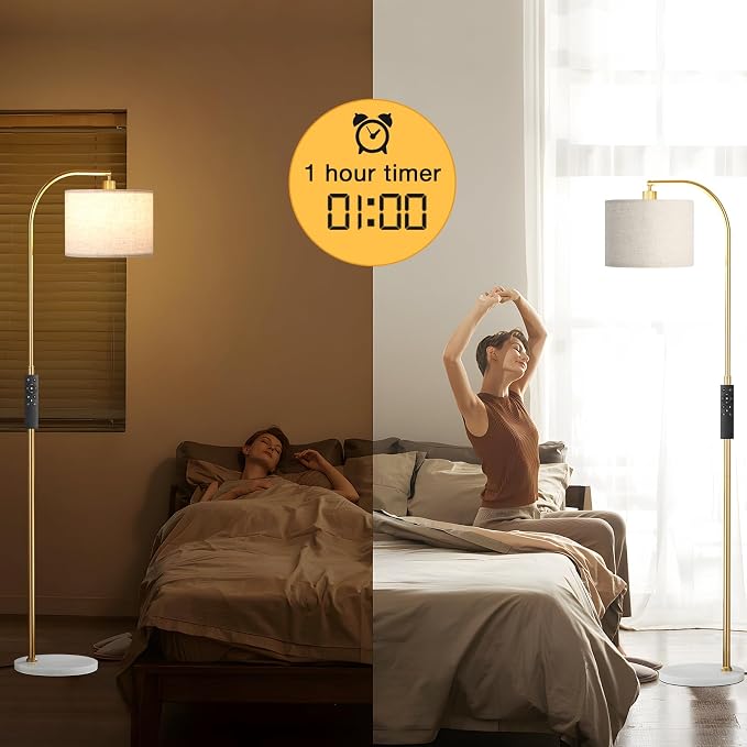 Ambimall Arc Floor Lamp with Remote and Stepless Dimmable Bulb, Colors Temperature & Brightness Adjustable, Gold Pole & Marble Base