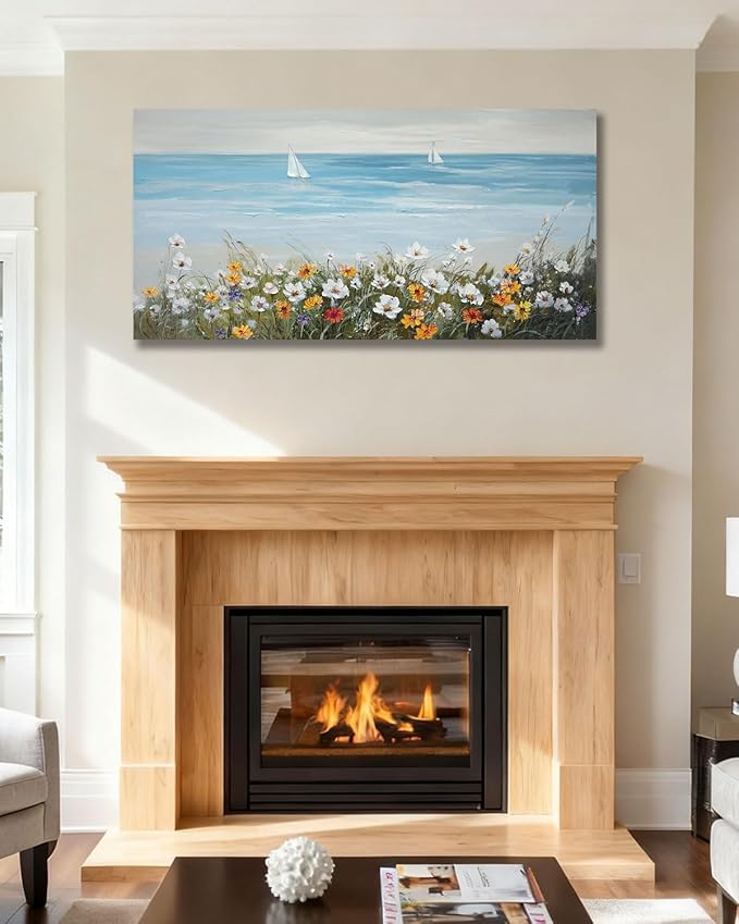 Ardemy Daisy Wall Art for Living Room, Floral Canvas Wall Art Ocean Flower Pictures Paintings Wall Decor Living Room Wildflower Artwork Dining Room Home Office Kitchen, 40"x20"
