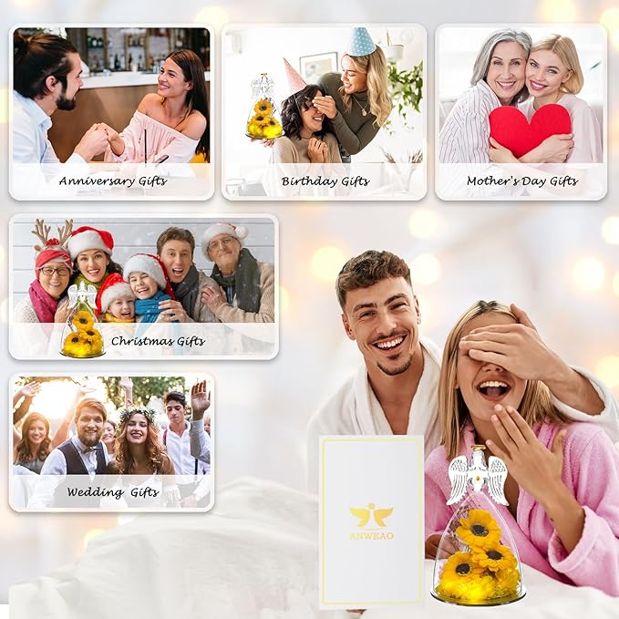 Christmas Sunflower Gifts for Women,Sunflowers Gifts for Mom Angels Figurines Sunflower Bouquet with Necklace, Light Up Sunflowers in Glass,Xmas Birthday Gifts for Her Mom Wife Girlfriend Sister