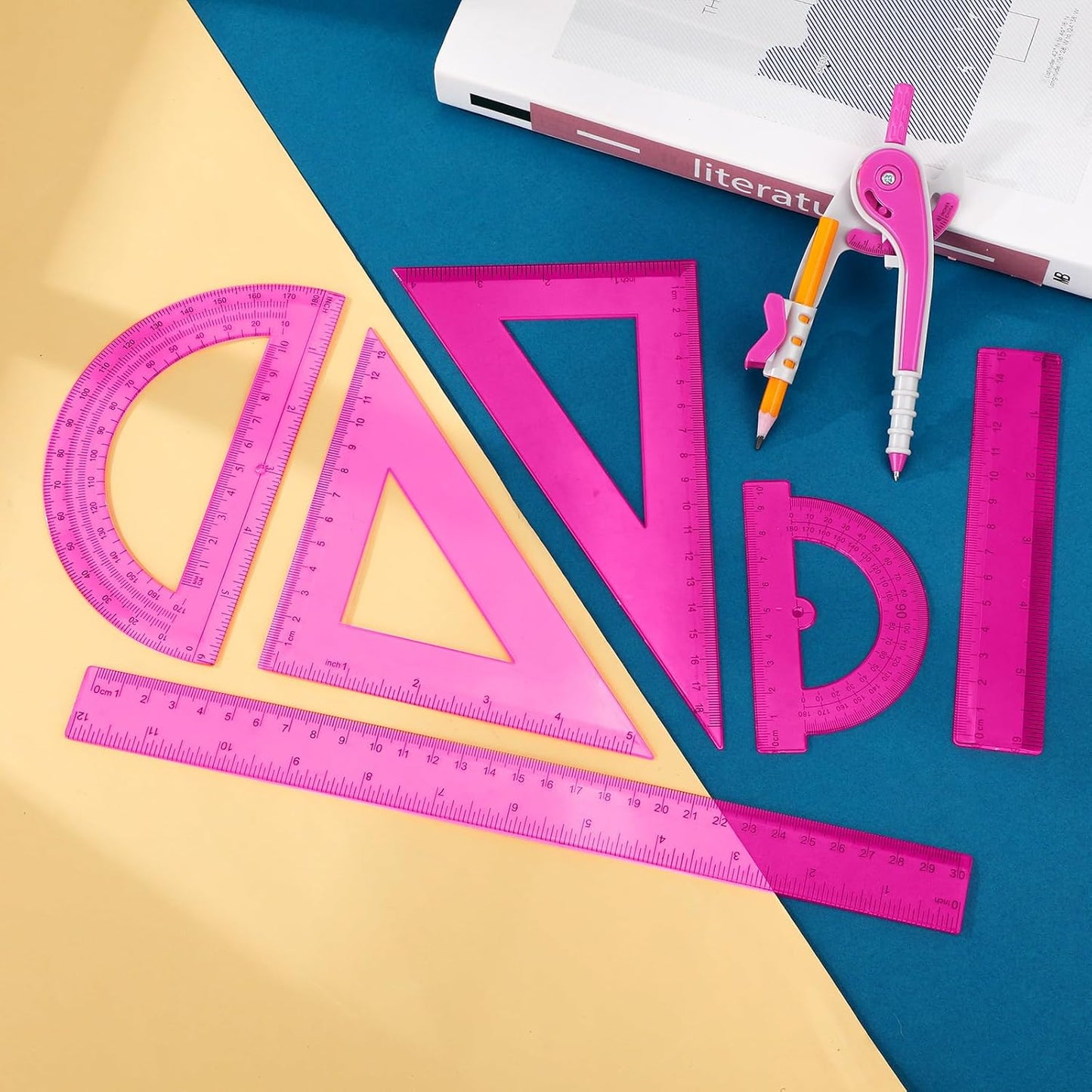 Zonon Geometry Math Set - 7-Piece Plastic Kit with Protractor, Compass, Rulers | Pink