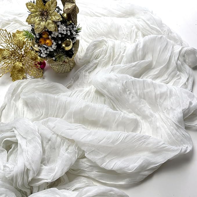 Booque Valley White Table Runner 3 Pack Cheesecloth 10ft Super Soft Boho Wrinkled Gauze Sheer Cloth for Baby Shower Baptism Birthday Party Wedding Christmas Centerpiece Table Decoration, 35x120 Inch