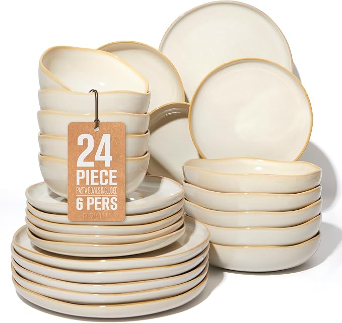 Pokini 24 Pieces Dinnerware Set for 6 with Pasta Bowls, Complete Ceramic Dish Set, Stackable & Glossy Stoneware Plate and Bowl Set for Effortless Everyday Hosting, Yellow White
