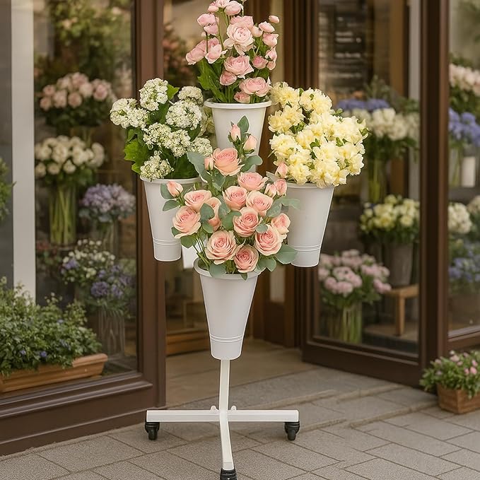 Flower Display Stand with Buckets - Flower Cart with Wheels for Bouquet Shop, Metal Flower Rack Display Stand for Wedding Garden, Party, Events (White, Round buckets)