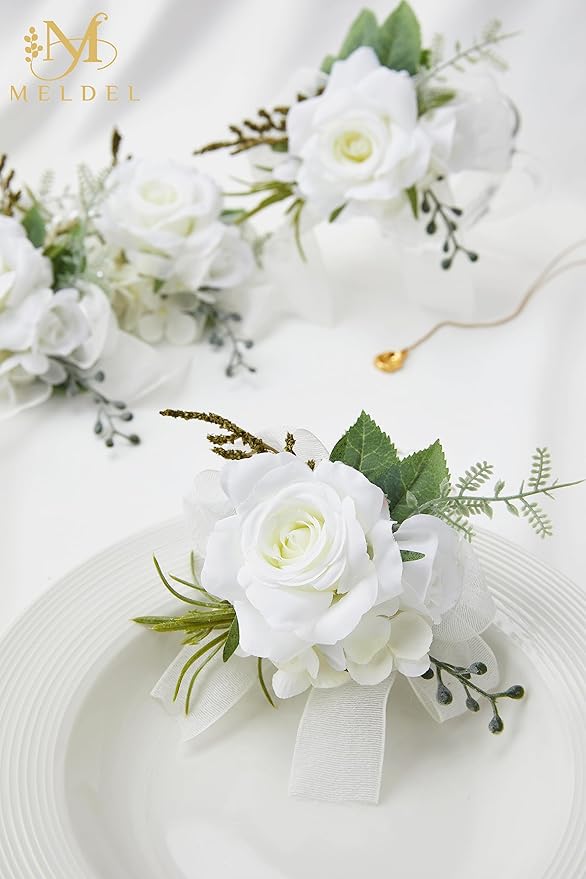 Meldel Wrist Corsage for Wedding, Set of 6, Elegant Artificial White Rose Pearl Wristband Wrist Corsage for Prom Homecoming Party, Perfect Accessories for Bride Bridesmaids, Mother of Bride and Groom