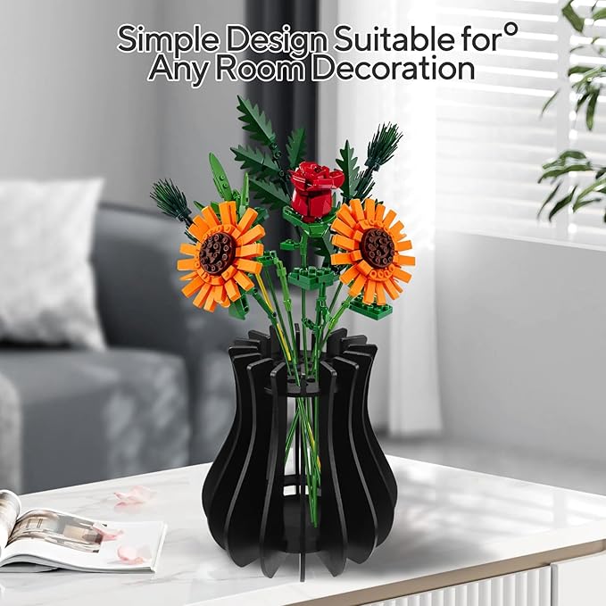 Wooden Vase for Lego Flowers - Wooden Vase for Lego Bouquet, Wood Vases Puzzle Set for LegoRoses Sunflower Tulips, Vases Kit for Artificial Bouquet Arrangement Home and Office Decoration(Black)