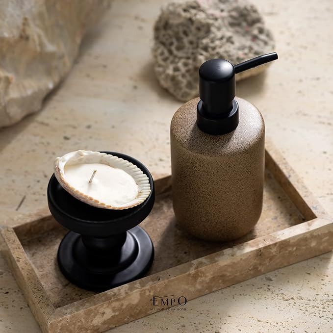 EMPO Ceramic Hand Soap Dispenser with Matte Black Pump, Stone-Textured Wabi-Sabi Liquid Dispenser for Bathroom Vanity and Kitchen Sink (350ml/11.83oz)