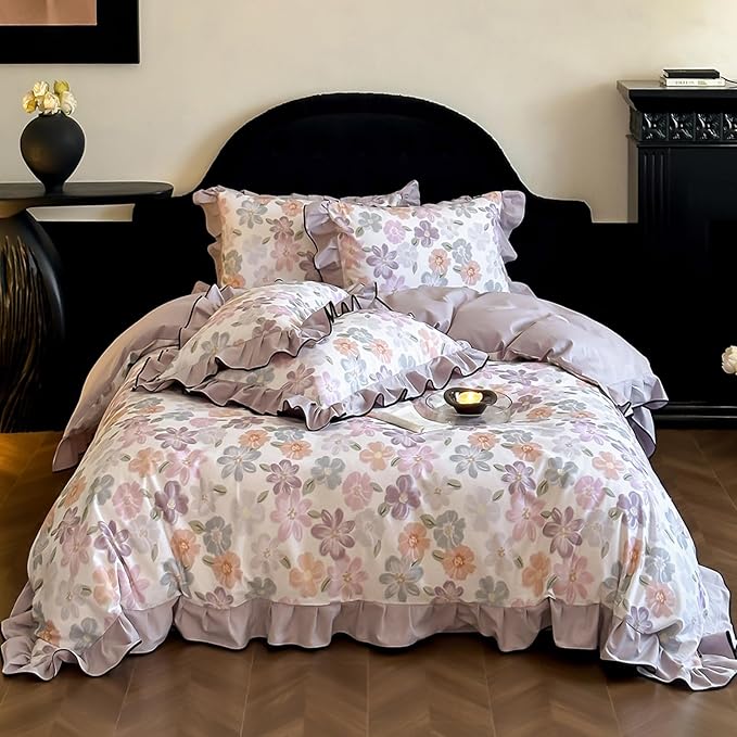 HighBuy Cottagecore Floral Ruffle Duvet Cover Queen for Kids Girls,Coquette Bedding Ruffle Duvet Cover Set Shabby Chic Brushed Cotton Bedding Set Breathable Durable Luxury with Zipper