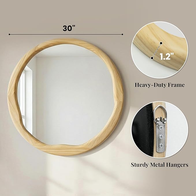 Natural Wood Round Wall Mirror 30 Inch, Large Solid Wood Framed Mirror with Wavy Inner Edge for Bathroom Vanity, Living Room & Organic Boho Decor
