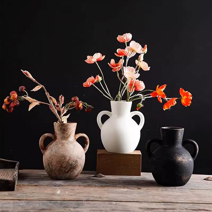 Ceramic Flower Vase,7.3 inch Tall Farmhouse Rustic Vase, Handcrafted Weathered Pottery Vases, Small Flower Terracotta Vases for Home Decor, Living Room Farmhouse Table Shelf Entrance (Cream Color)