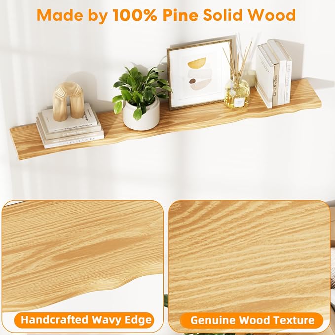 Solid Wood Live Edge Floating Shelves Set of 1 – 55" Rustic Wall Shelf with Hidden Bracket System, Wall Mounted Shelves for Bathroom, Kitchen, Living Room, Bedroom (Natural)