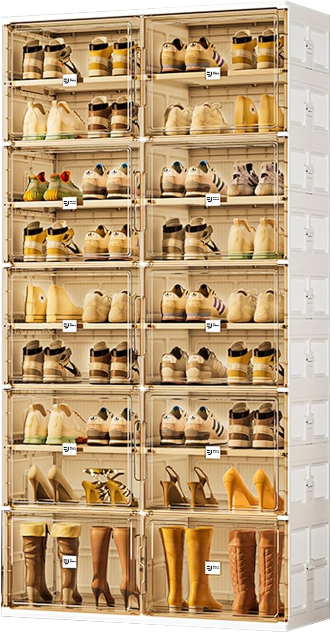 wesimple 36 Pairs Shoes Storage Cabinet of 3-Step Fast Installation,Plastic Shoe Rack with Clear Magnetic Door for Display, Shoe Organizer for Sneaker, Sandals, Heels (2 Row, 9 Tier)