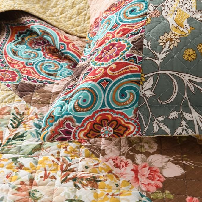 ENASAL Cotton Bedspread Quilt Sets Reversible Bedding Coverlet Sets Luxury Vintage Rustic Gorgeous Paisley Floral Yellow Real Patchwork Bedspread, Queen Size