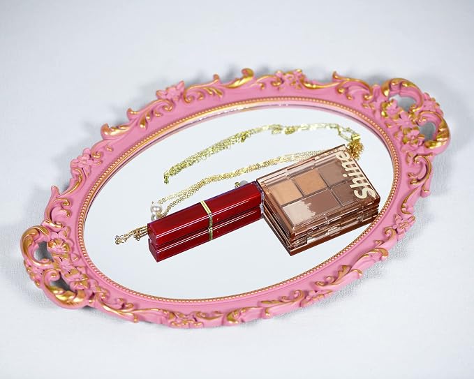Tstarer 2PACK - Vintage Decorative Pink Framed Mirror, Wall Hanging Mirrors & Tabletop Tray for Bedroom Living Room Dresser Decor, Oval- 9.6" W x 14.3" L (PINK-2PACK)