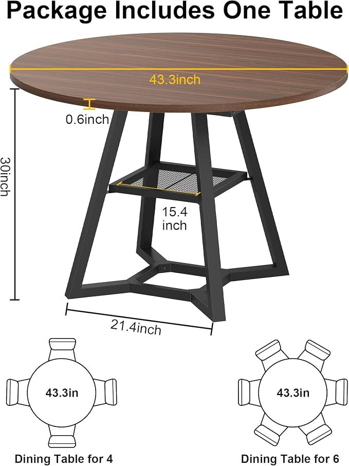 knoworld 43" Round Dining Table for 4, Kitchen Tables Dining Room Circle Dinner Table with Pedestal Metal Frame, Space Saving Wood Industrial Kitchen & Dining Room Tables, Walnut 43In