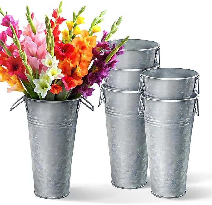 Plexon 9" Tall Galvanized Metal Vase for Flowers, Metal Flower Container with Handles, Farmhouse French Tin Vases for Flowers Ideal for Sparkler Bucket Wedding Home Decor, Set of 6