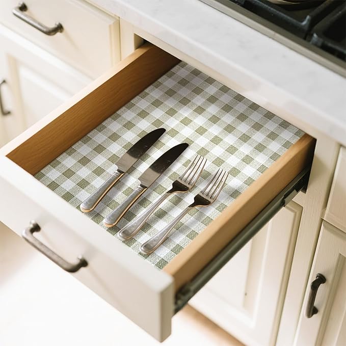 Drawer Liner and Shelf Liner for Kitchen Cabinet Liner Non-Adhesive Non-Slip Shelf Paper, Thick Strong Grip Waterproof Easy to Clean for Shelves, Cupboard, Desks, Green Plaid Pattern, 23.6 in x 20 FT