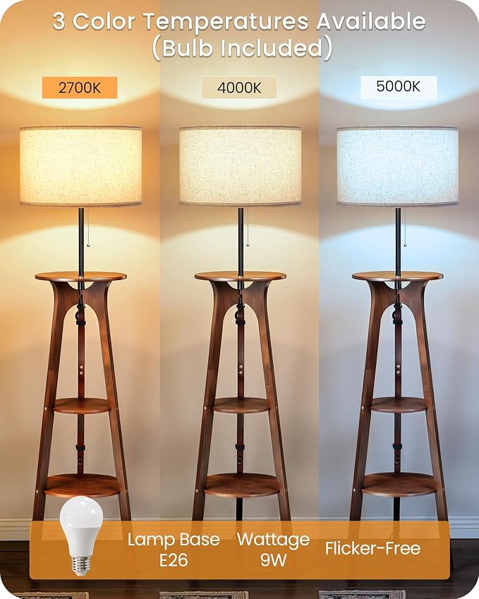 3 Tier Shelf Floor Lamps, Wood Tripod Floor Lamp, Large Linen Lampshade, 3 Color Temperature LED Bulb Included, Modern Shelf Floor Lamp for Living Room Bedroom Beige and Walnut STE25LD05