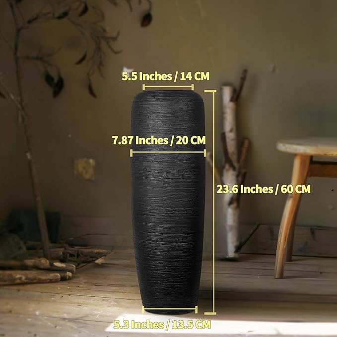 Large Rustic Ceramic Black Vase,23.6 Inch Tall Pottery Farmhouse Decor Floor Vase Vintage Flower Vases for Home Living Room Entryway Table Centerpiece Decor,Terracotta Vases,Wedding Gift
