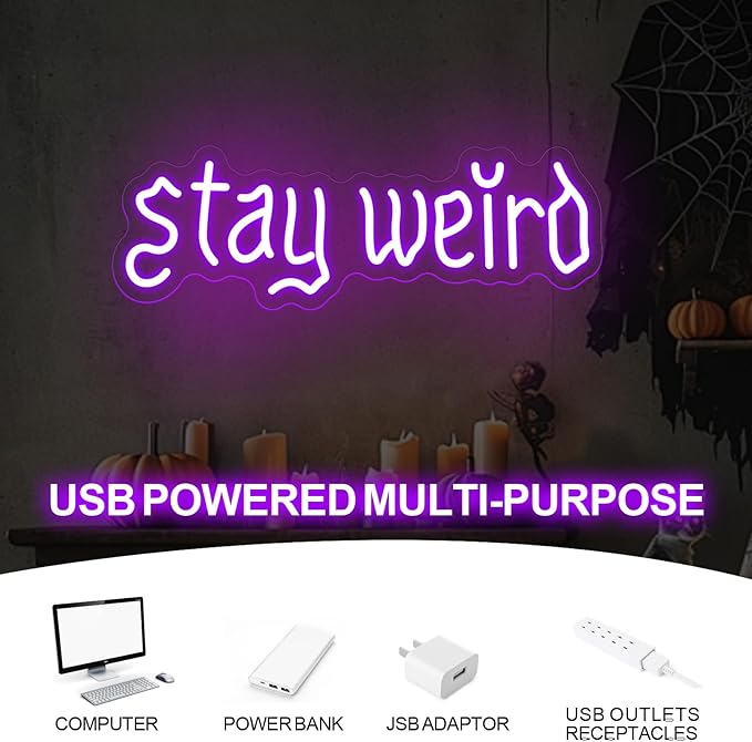 Stay Weird Neon Sign, Gothic Decor, Skeleton Hand Neon Sign, Vintage Font,Dark Art Decor for Bedroom, Living Room, Man Cave, Bar, Game, and Club, Living Room Birthday Party-Purple