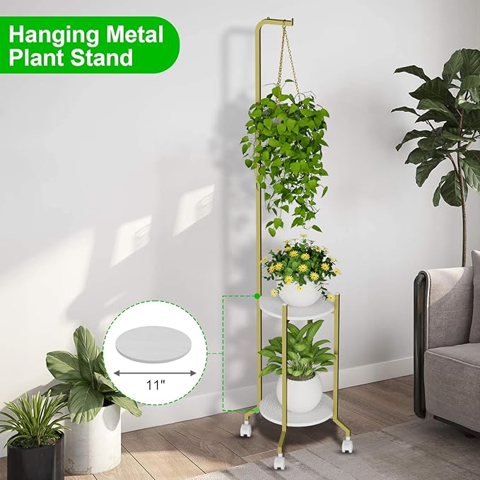 VyGrow Plant Stand Indoor, 2 Tier Hanging Tall Plant Shelf with Wheels, 3 Potted Corner Flower Stand Metal Plant Holder, Plant Shelves for Living Room, Bedroom, Patio, Outdoor, Gold