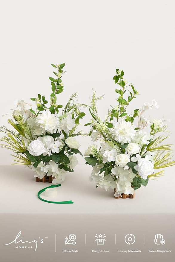Ling's Moment 17.5" Tall Free Standing Artificial Flowers Arrangements 2 pcs Wedding Aisle Runner Chair Decorations Lily White Green Centerpieces for Ceremony Reception Rose Floral Floor Party Outdoor