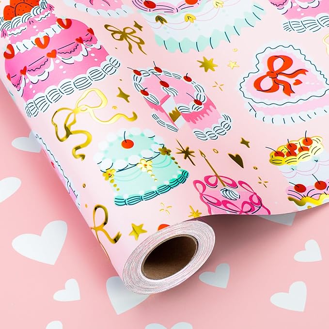 Homeral Birthday Cake Wrapping Paper Roll - Pink Cakes with Gold Metallic Foil & Heart Pattern, Reversible Gift Wrap for 1st Birthday, BABY Shower, Party - Mini Roll - 17 Inch x 33 Feet