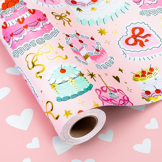 Homeral Birthday Cake Wrapping Paper Roll - Pink Cakes with Gold Metallic Foil & Heart Pattern, Reversible Gift Wrap for 1st Birthday, BABY Shower, Party - Mini Roll - 17 Inch x 33 Feet