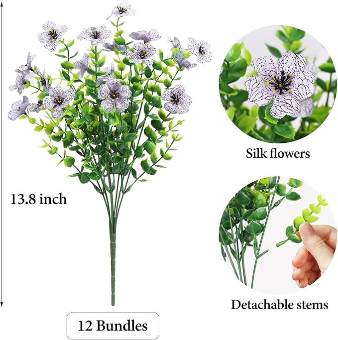 Artificial Flowers Outdoor Faux Plants UV Resistant Fake Patio Flowers Plastic Greenery Plnats Outside Bulk for Spring Garden Hanging Planter Home Vase Decor, 12 Bundles (White)