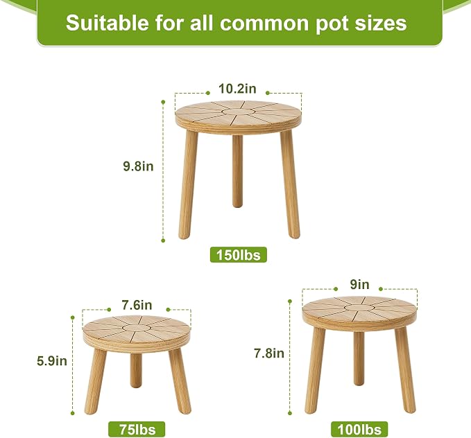Delma Wood Plant Stands Indoor, 3-Pack Single Plant Stand for 7-10 Inch Pots, Mid-Century Modern Plant Stool, Tall Plant Stand for Large Plants for Living Room, Balcony, Office (Light Brown, 3-Pack)