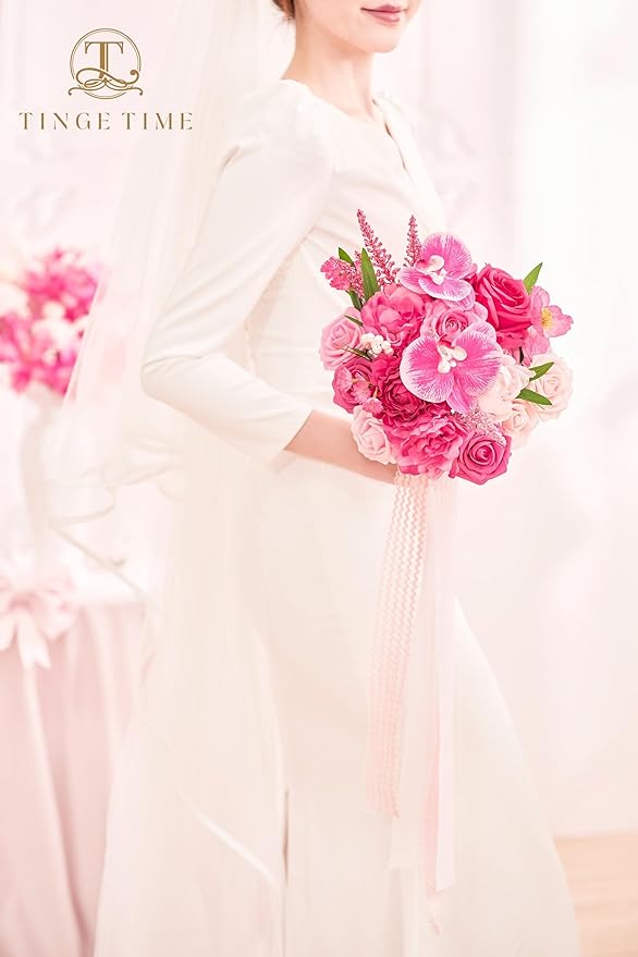 TINGE TIME 9 Inch Artificial Bridal Bouquet, Cascading Wedding Bouquet for Wedding Ceremony and Anniversary (Hot Pink)