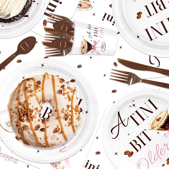141pcs Espresso Martini Birthday Party Decorations A Tiny Bit Older Supplies Espresso Martini Plates Napkins Forks Knives Straws Tablecloth Cups for Women Martini Bachelorette Bridal Shower Supplies
