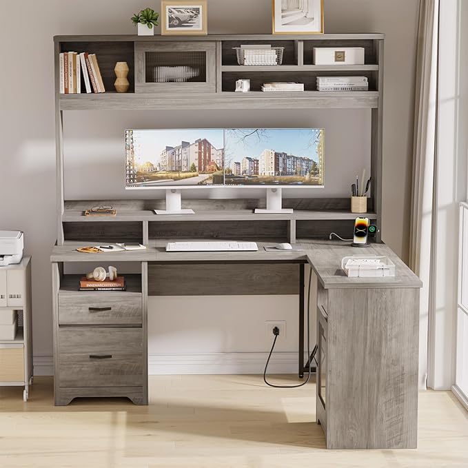 Bestier Farmhouse 63" L Shaped Desk with Hutch, Wood Computer Desk with Drawers, Charging Station, LED Light, Fluted Sliding Door Cabinet, Monitor Stand, Executive Desk for Home Office, Grey