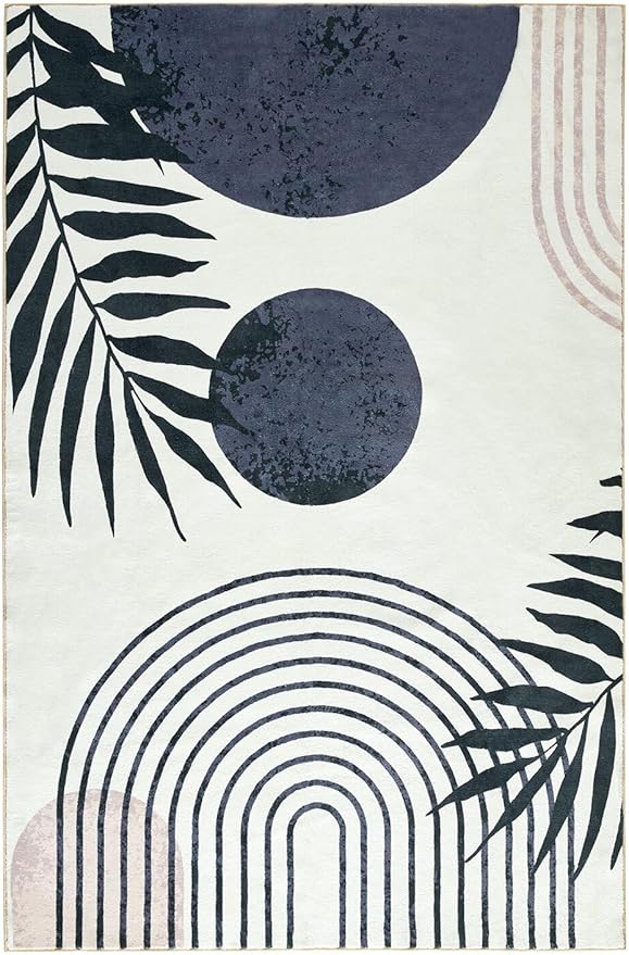 RoomTalks Mid Century Modern Living Room Rug Washable 5x7 Rug, Black Boho Cute Aesthetic Area Rugs Carpet for Bedroom Dining Room Office, Vintage Abstract Leaves Thin Indoor Entryway Carpet
