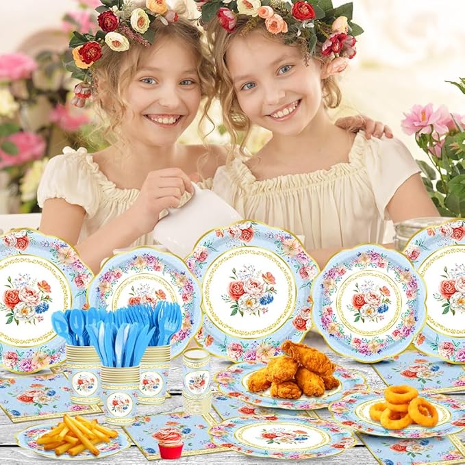140Pcs Tea Party Decorations Tableware Set Floral Plates and Napkins for Birthday Party, Baby Showers, Bridal Showers, Wedding Bachelorette Party Supplies Floral Tea Party Plates, Serves 20 (Blue)