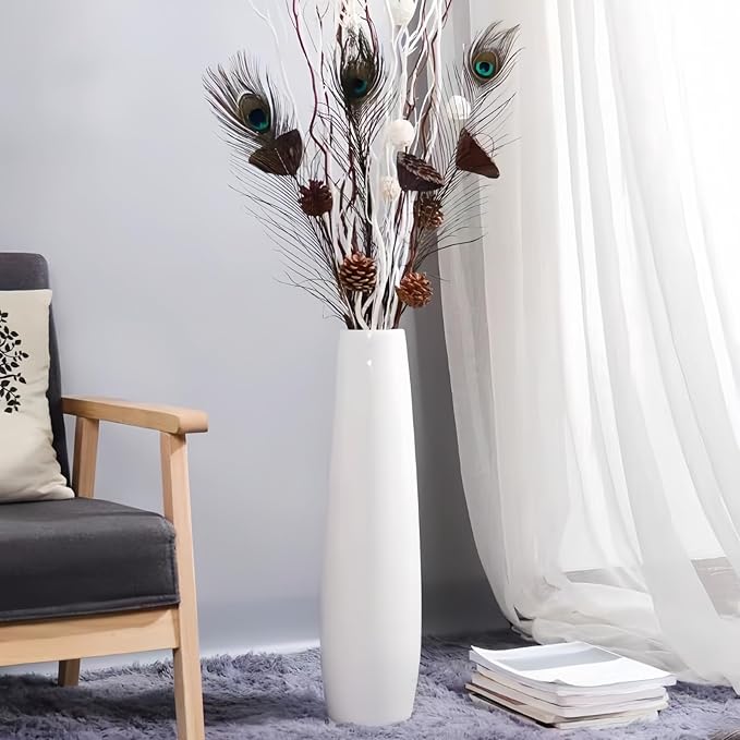 White Ceramic Floor Vase 24 Inches Tall Flower Holder Decorative Large Vases for Table Centerpieces Shelf Home Decor Living Room Branches Sky-Dried Flower Arrangement Simple Decorative