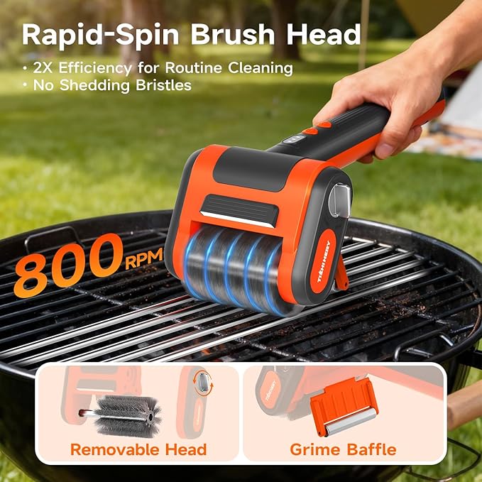 Electric Grill Brush for Outdoor Grill, 800 RPM Brush Head, 3000mAh Battery, No Preheating Grill, 304 Stainless Steel Bristle, Rechargeable Cordless BBQ Grill Cleaner with LED Light, Gift for Men/Dad