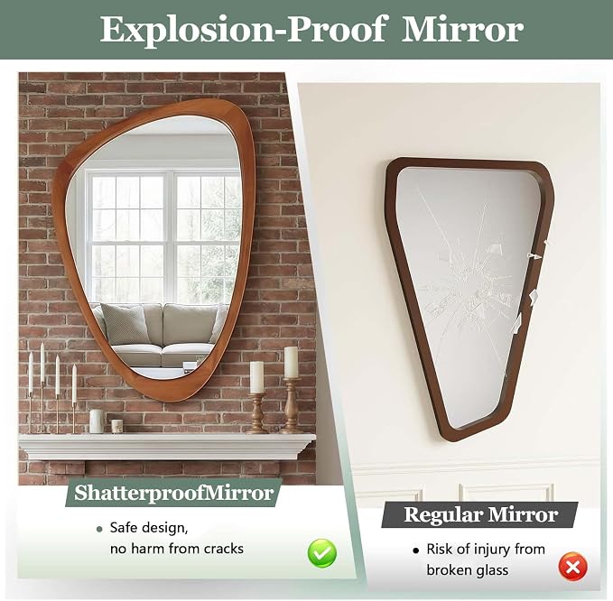20x30 Inch Asymmetrical Wall Mirror Wood,Rustic Irregular Shaped Vanity Mirror for Bathroom,Bedroom, Living Room, Entryway, Fireplace,Wall Decor,Solid Wooden Frame (Yellow Brown, 20"x30" Inch)