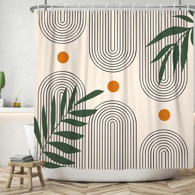 Boho Mid Century Shower Curtain Bohemian Minimalist Geometric Arch Sun Bathroom Curtain Sage Green Plant Polyester Shower Curtain Sets for Bathroom Extra Long 72x96 in with 12 Hooks