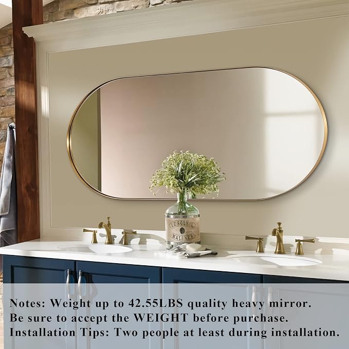 ANDY STAR Gold Bathroom Mirror 60 x 30 Inch, Full Length Mirror, Oval Vanity Mirror, Pill Shaped Mirror in Stainless Steel 1’’ Deep Wall Mounted Vertical/Horizontal