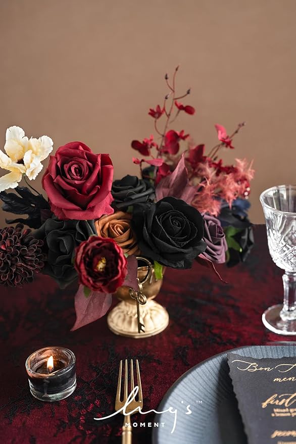 Ling's moment Fake Flowers Box, Faux Artificial Greenery Stems Foam Roses Dahlia Silk Maple Leaf Fabic Flower for Centerpieces Bouquet Wedding Vase Floral Decorations, Burgundy & Black, Mini Combo
