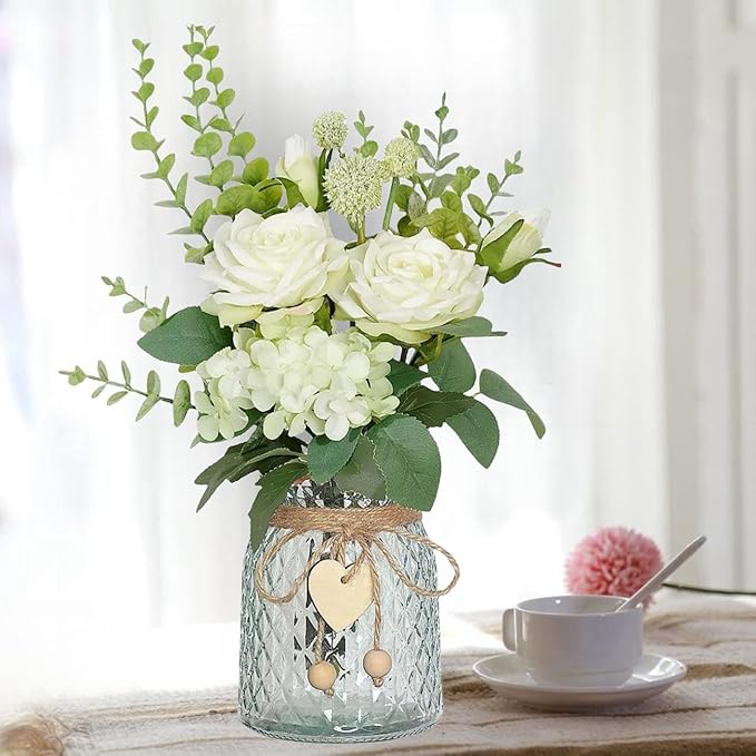 Artificial Fake Flowers in Vase, Faux Silk Roses Floral Hydrangea Bouquet with Vase, Table Centerpiece Decorations Wedding Bouquets for Party Office Farmhouse Kitchen Home Decor, White