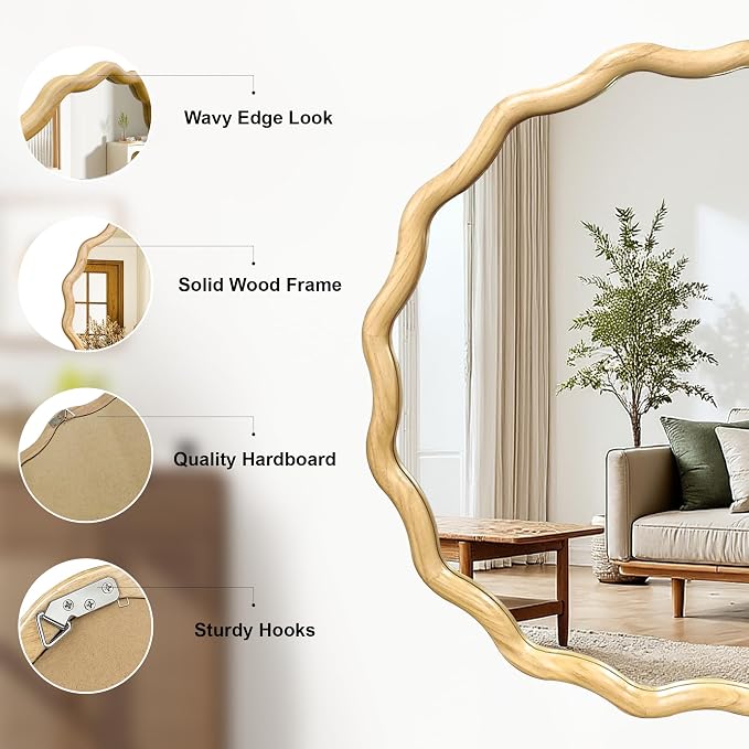 Circle Wood Mirrors for Wall, Wavy Round Bathroom Scalloped Mirror Wooden Frame 36 Inch for Living Room Farmhouse Bedroom Hallway Entryway Living Room with Shatterproof Glass Wall Mounted
